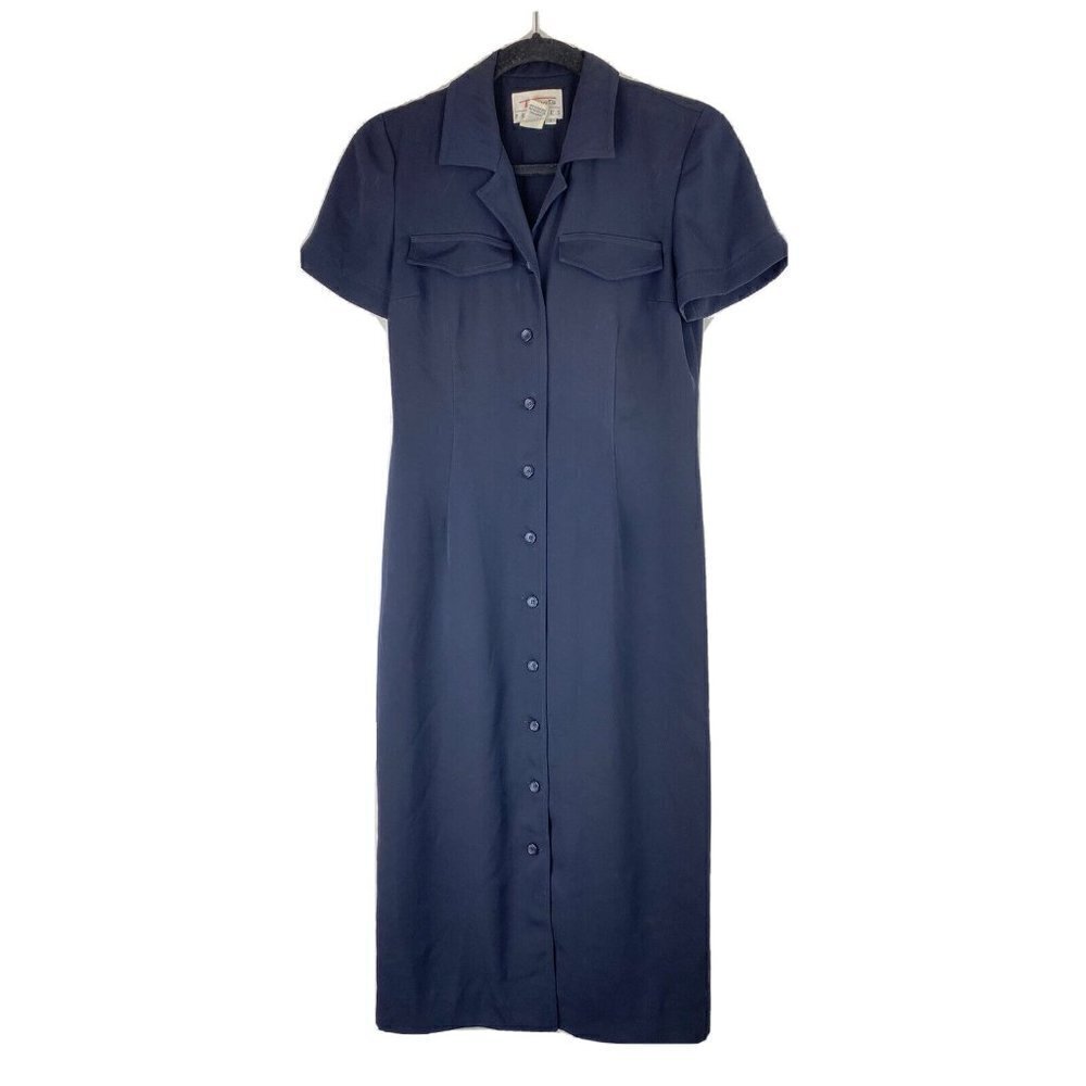 Vintage Talbots Dress Size 4 Navy Blue Button Up A Line Midi